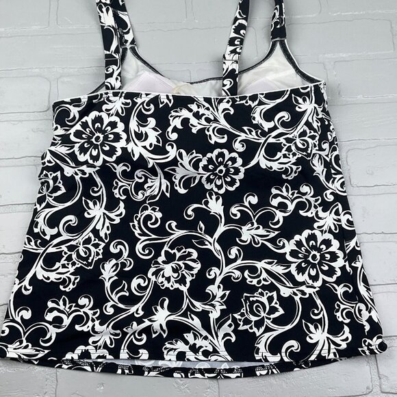 Lands End Swim Top Women 12A Black White Floral Bra Pads Wide Tankini Boho Beach - Picture 4 of 8